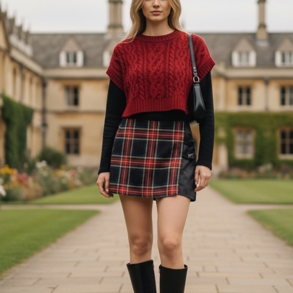 Vintage Y2K Express Wool Mini Skirt Black Plaid Preppy Grunge Goth Womens Small